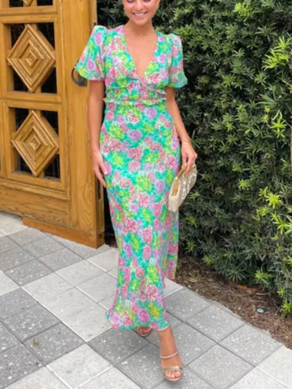 ASTR Esperanza Green Pink Floral Puff Sleeve Maxi Dress L